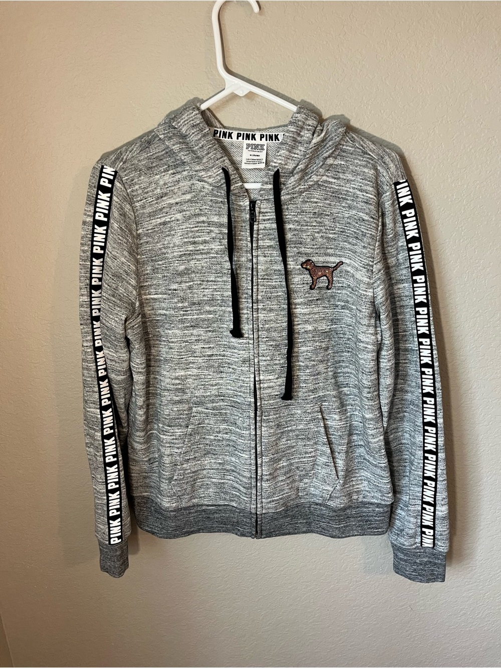 NWOT PINK Victoria’s Secret Sequin Logo Full Zip Hoodie Gray Marled Size M Y2K